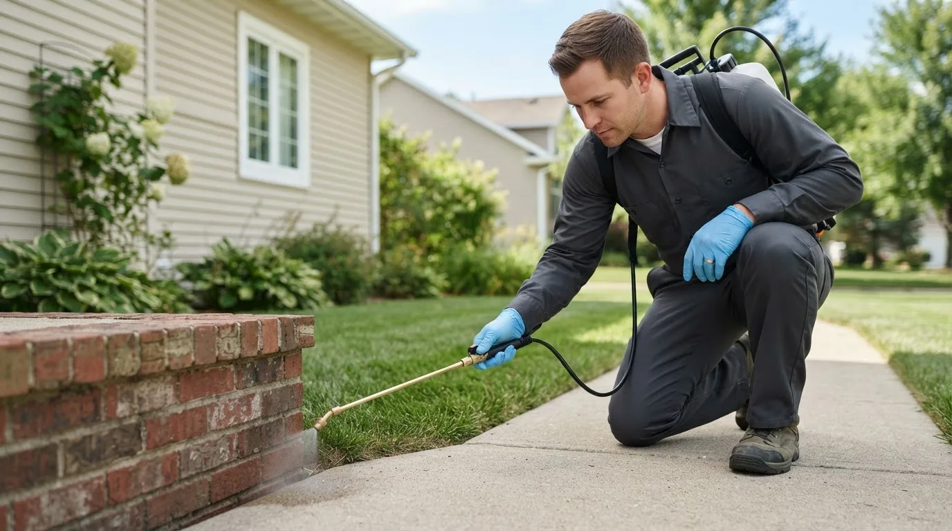 Pest control technician treating a home near Corinne, UT